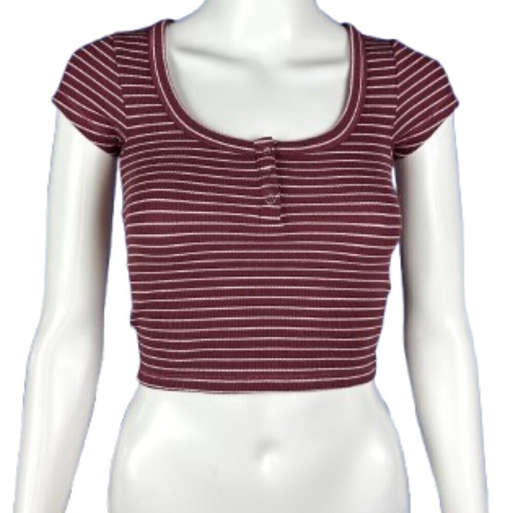 Cotton On Striped Henley Crop Top 2XS Burgundy Ribbed Fitted